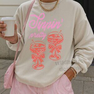 Sippin Pretty Sweatshirt, Champagne Shirt, Italian Summer Shirt - Sand